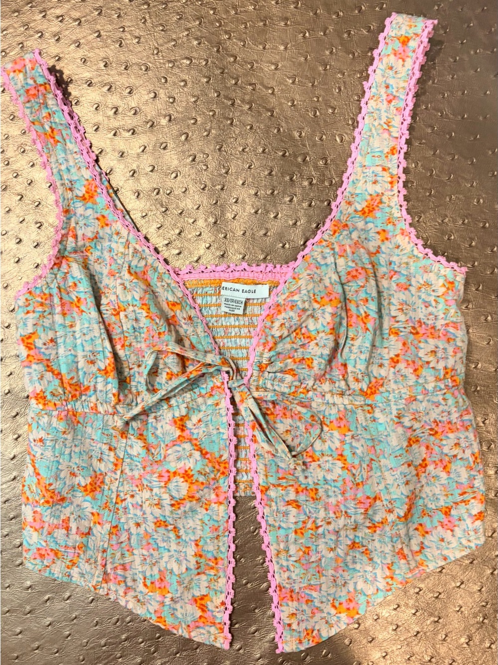 NWOT American Eagle Floral Tie-Front Tank Top with Pink Trim